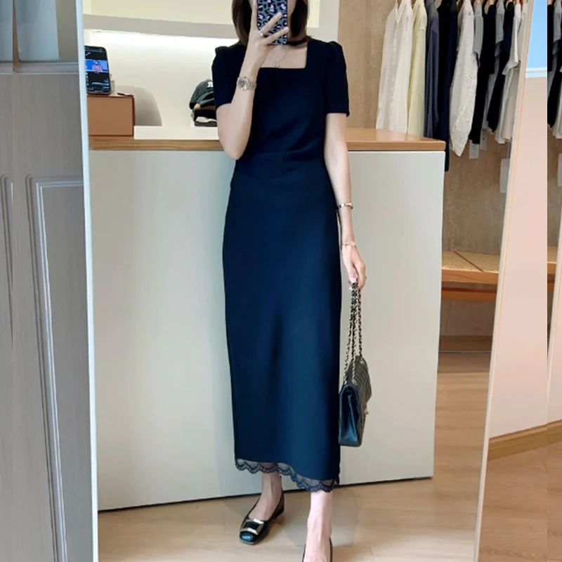 2025年夏季新款简约显瘦气质泡泡袖中长裙韩版通勤时尚拼接连衣裙