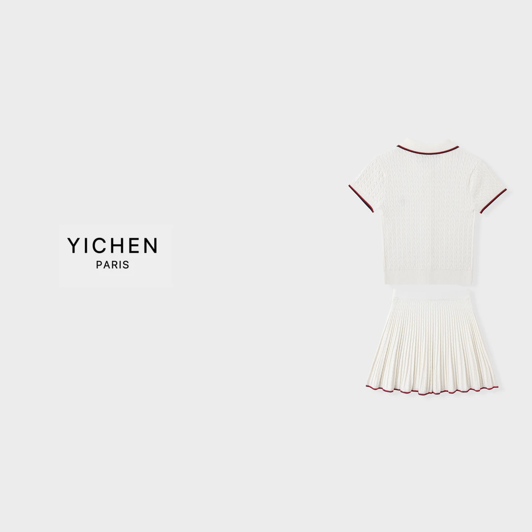 YC 学院风绞花刺绣徽标翻领针织短袖/撞色绞花针织半身裙-6223