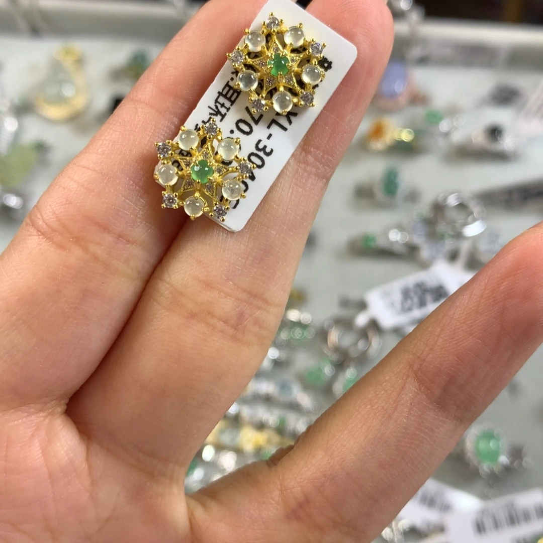 翡翠银S925镶嵌戒指耳钉