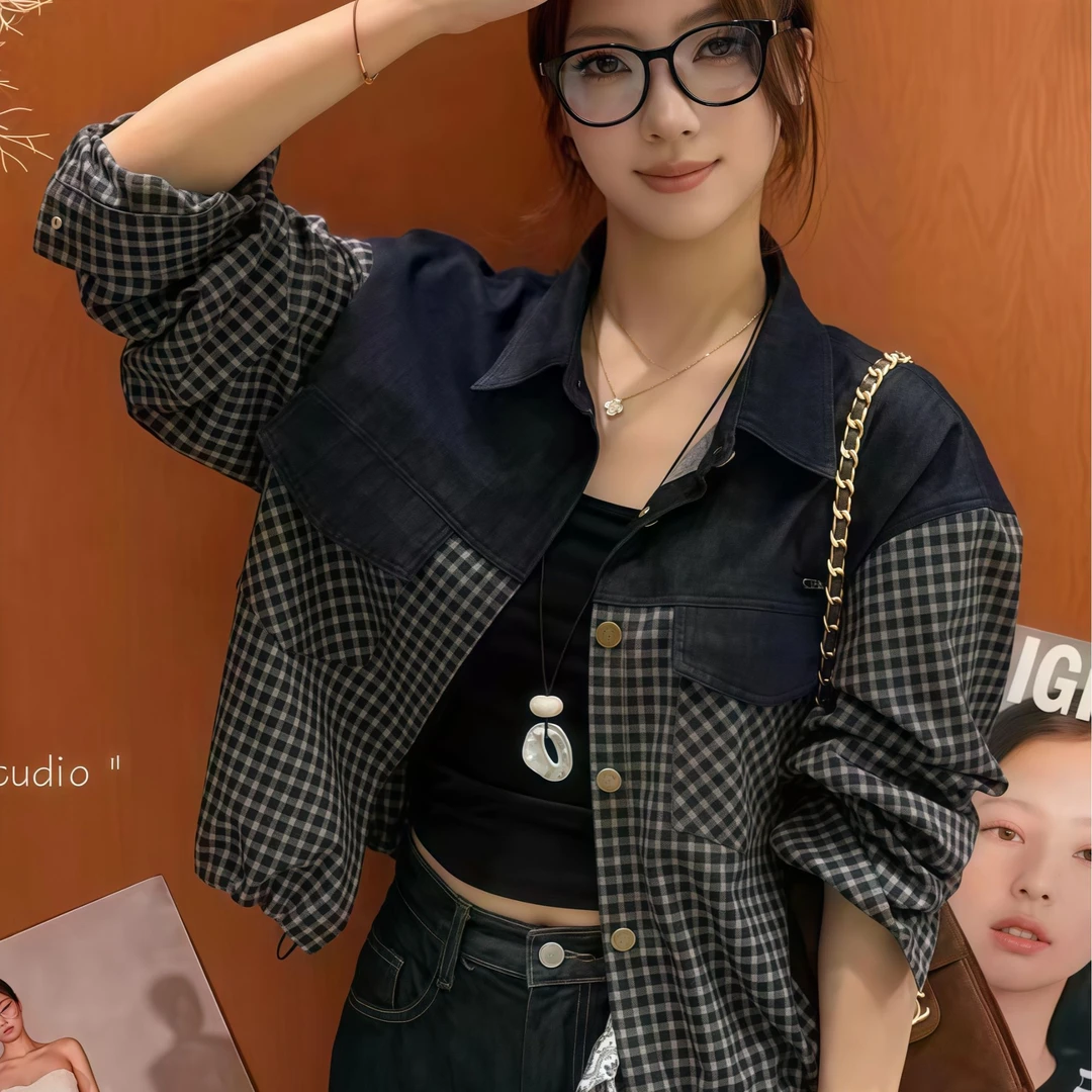2025新款洋气女装时尚格子衬衫女长袖宽松休闲百搭上衣外套春秋装