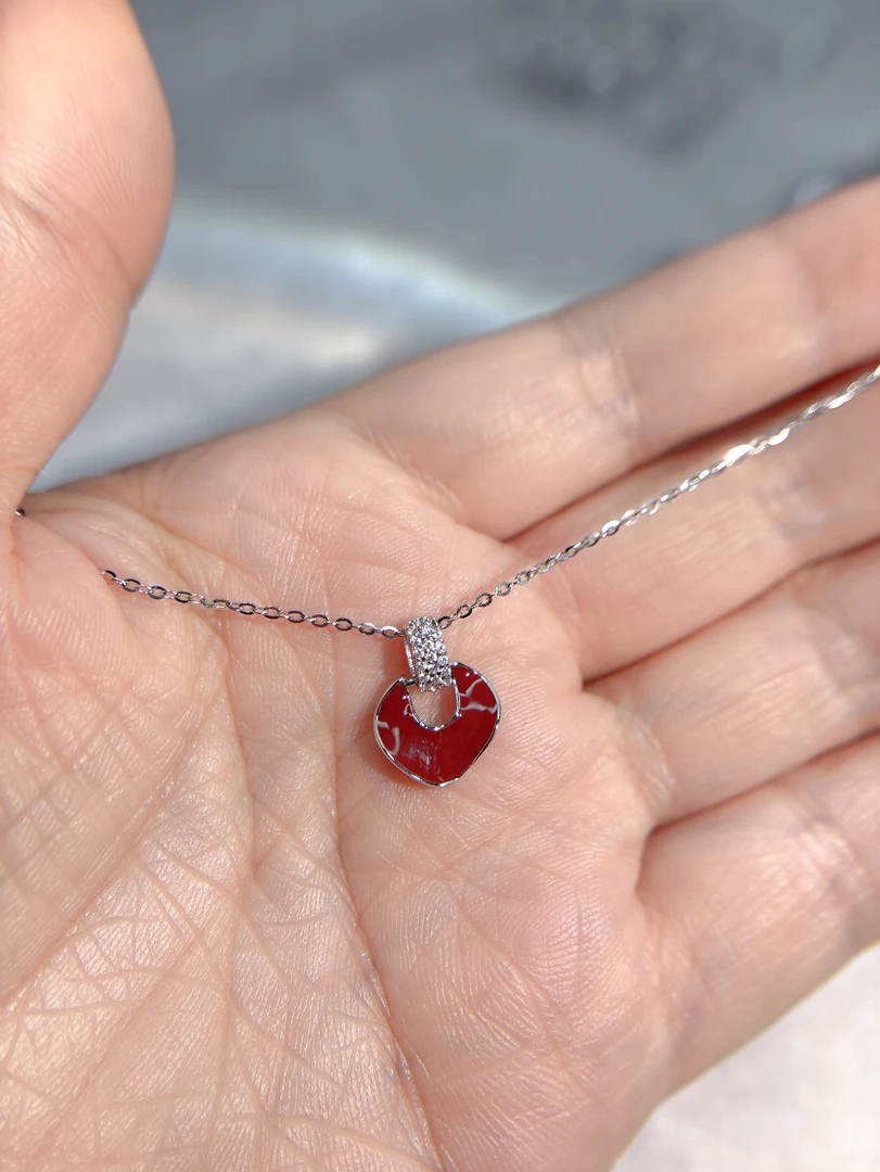 坠链均925银锆石 银925纯银项链套链红色安哥拉红欧美滴胶彩色