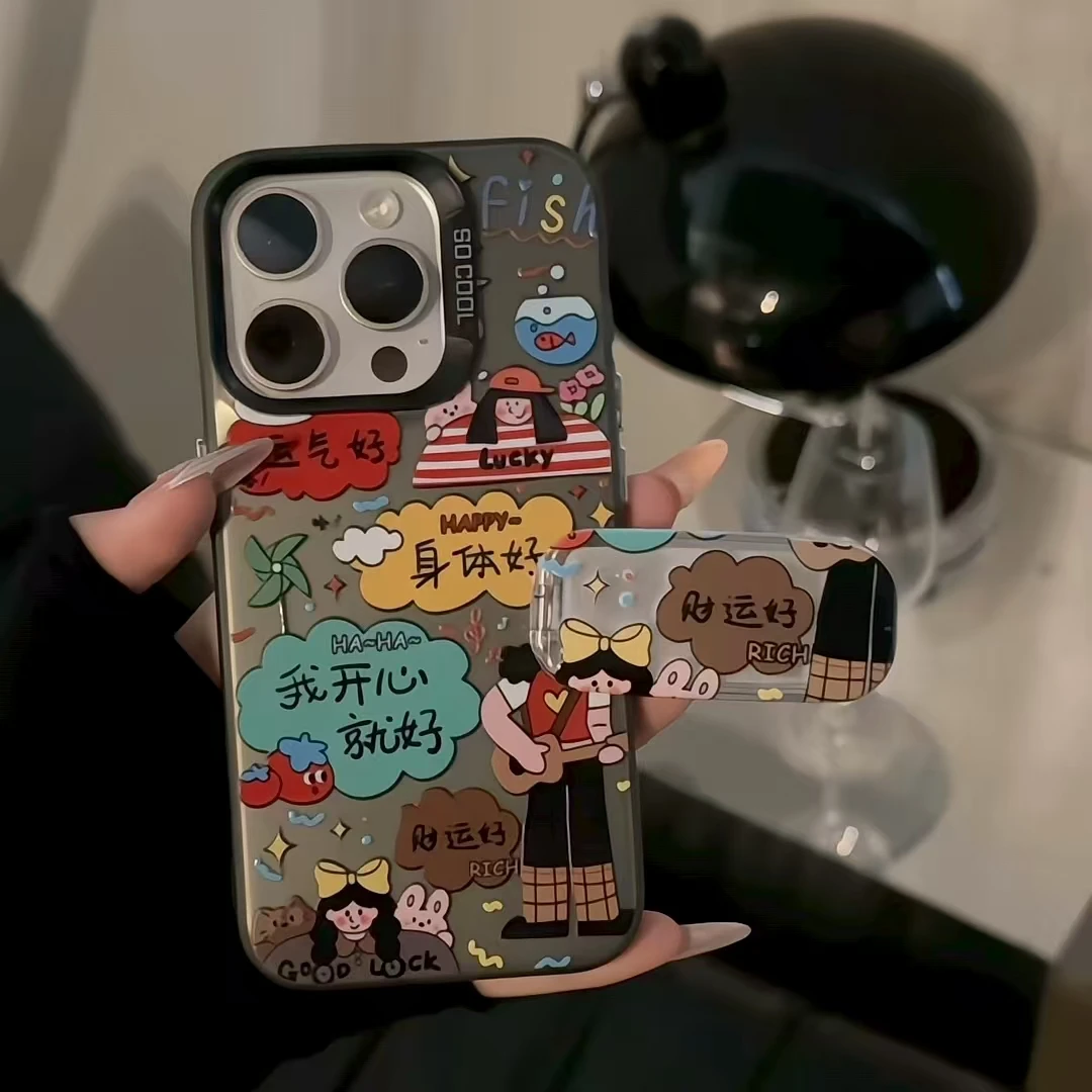 磨砂彩银英伦弹琴女孩手机壳适用于苹果16华为p70oppo小米15vivo