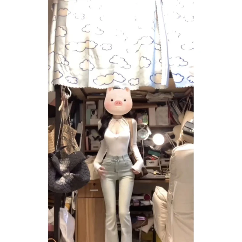 纯欲风气质辣妹蕾丝拼接挂脖长袖T恤上衣高腰百搭紧身休闲牛仔裤