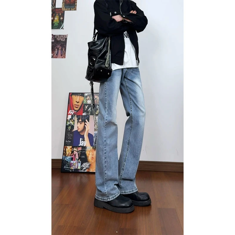 cleanfit浅蓝色牛仔裤男春季潮牌显腿长裤子高个子直筒修身微喇裤