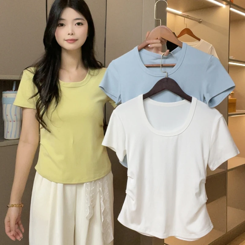 正肩U领短袖T恤女夏韩版修身显瘦半袖上衣简约百搭休闲体恤衫