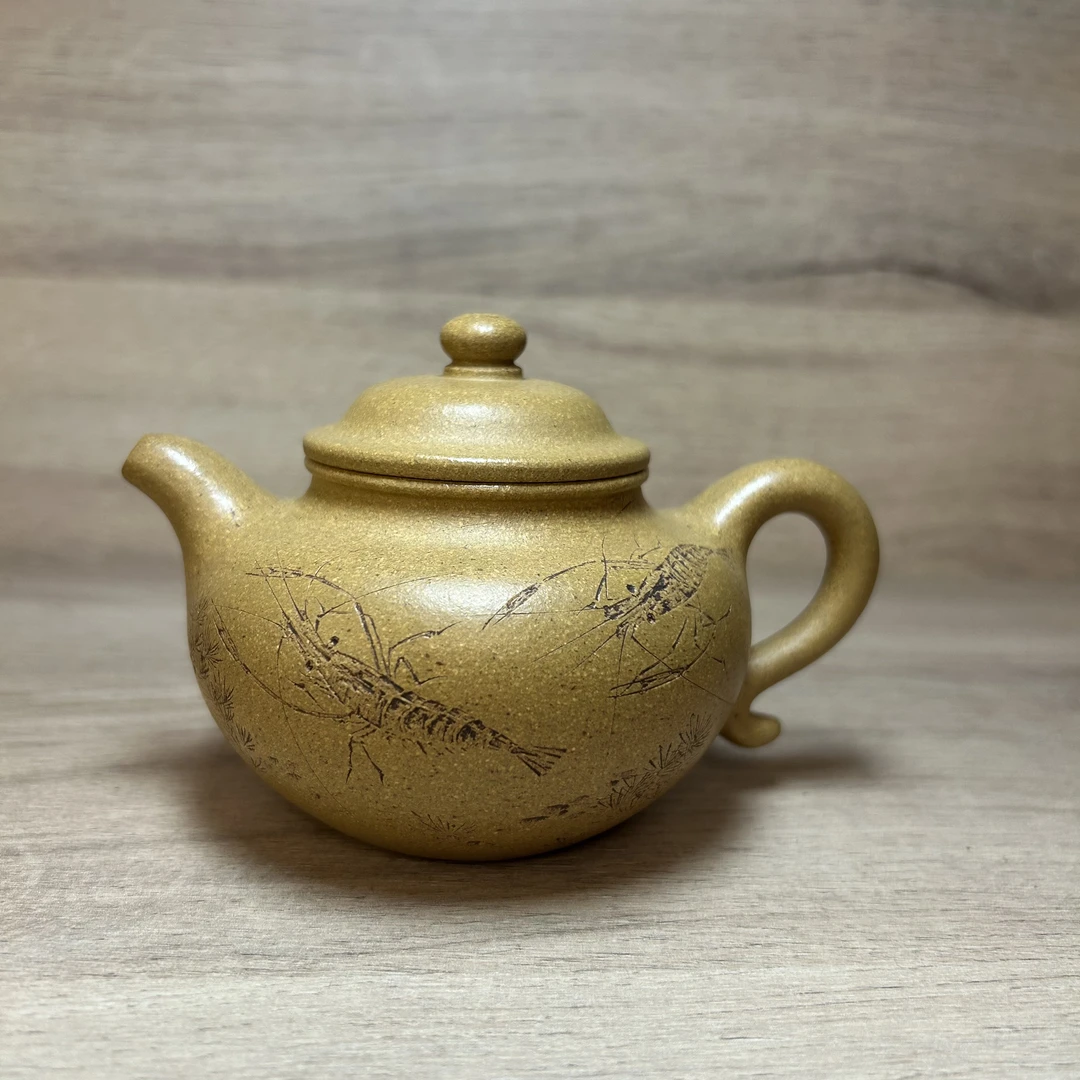 《莲子》【0添加无碳酸钡】黄金段紫砂大亨莲子壶200C手工刻齐白石虾