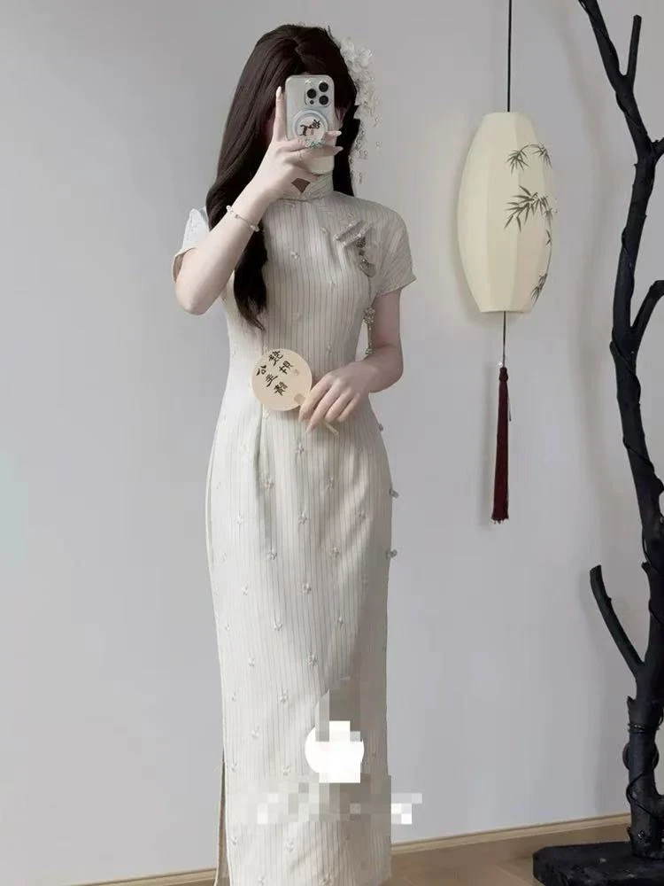 0978 米白 条纹 粉蝴蝶结 咖色扣 旗袍