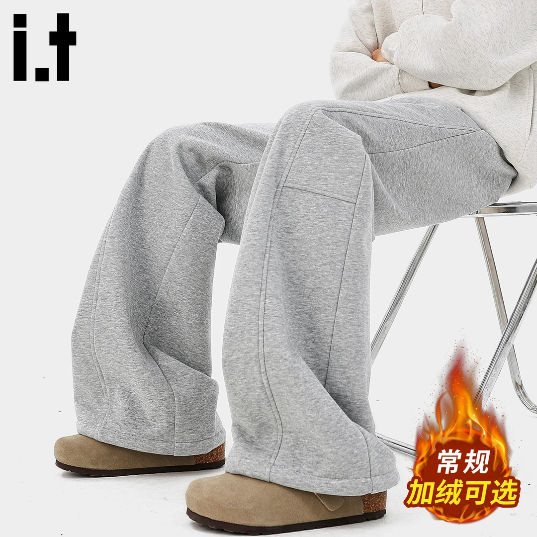 it: CHOCOOLATE灰色加绒弯刀休闲裤男2025冬季通勤阔腿加厚卫裤男
