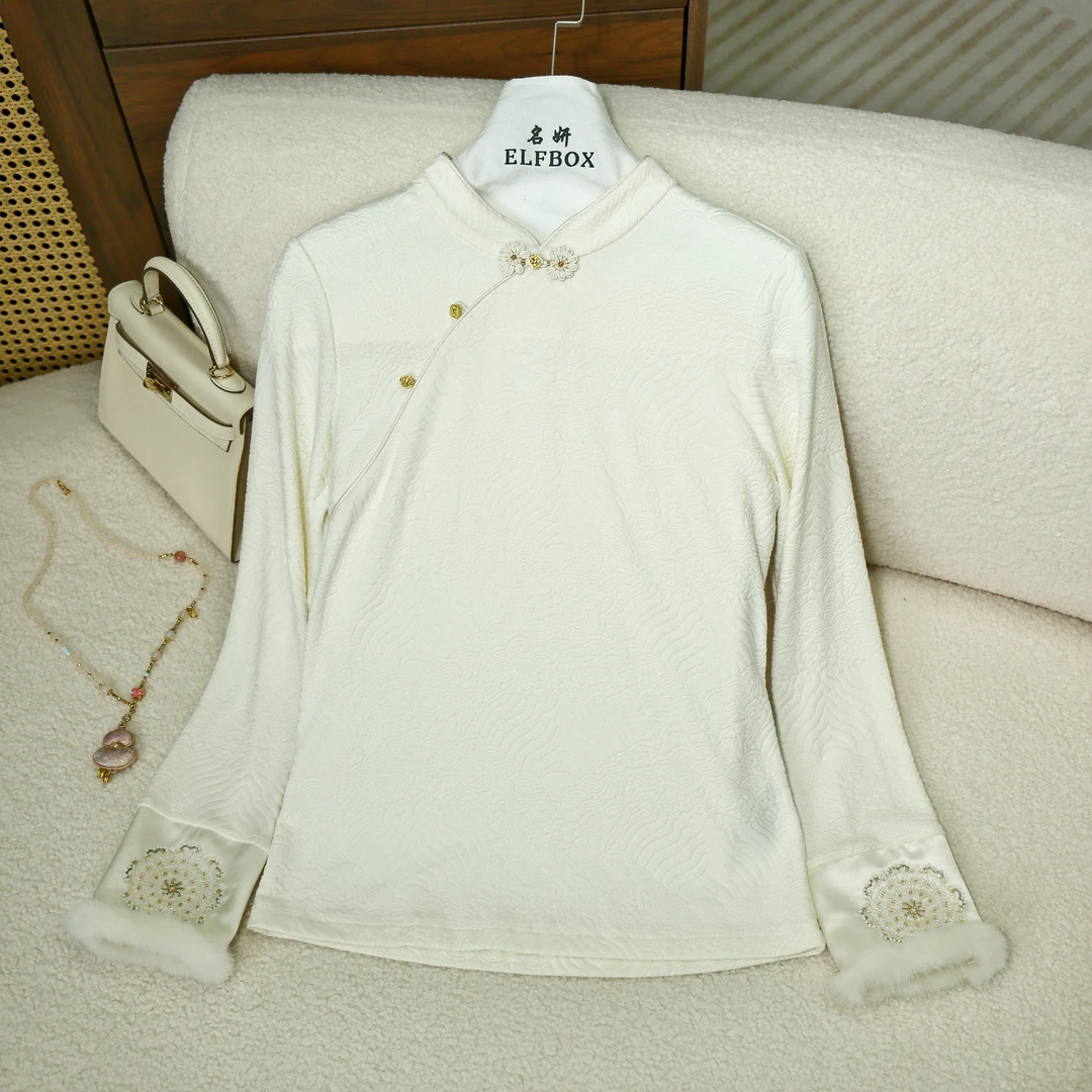 《暖玉》2025新款天丝羊毛拼接手工珠绣立领国风衬衣6694