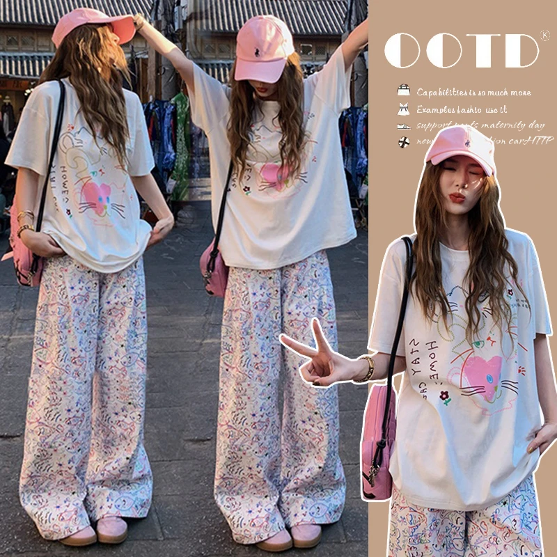 孕妇装2025春夏新款时尚短袖上衣涂鸦孕妇裤子休闲孕妇套装两件套