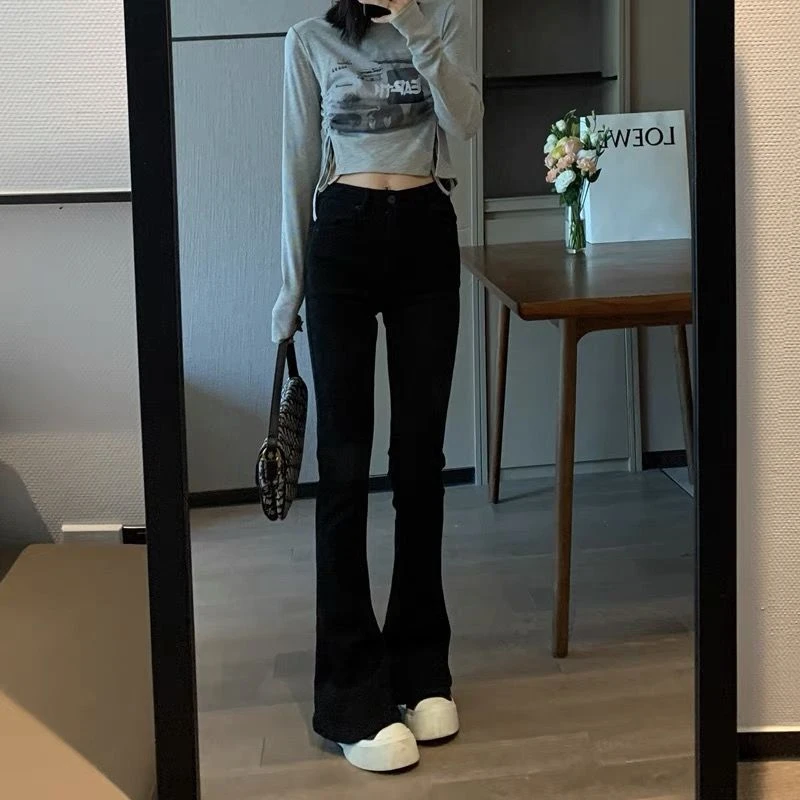 【现货】早秋黑色微喇牛仔裤女2025高腰宽松显瘦小个子修身喇叭裤