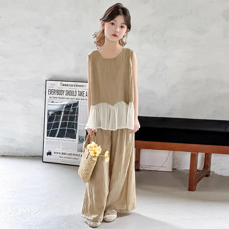 女童夏装无袖套装2025新款女大童夏季韩系背心上衣儿童休闲阔腿裤