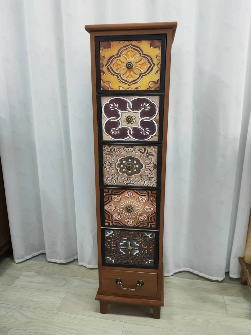 板栗色30*30*118美式六斗柜实木储物柜小户型夹缝柜