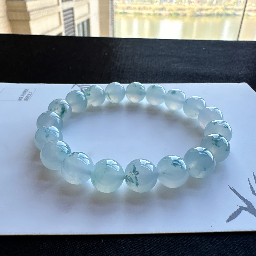 天然缅甸翡翠A货飘蓝花手串卡10mm时尚百搭女款白色蓝色