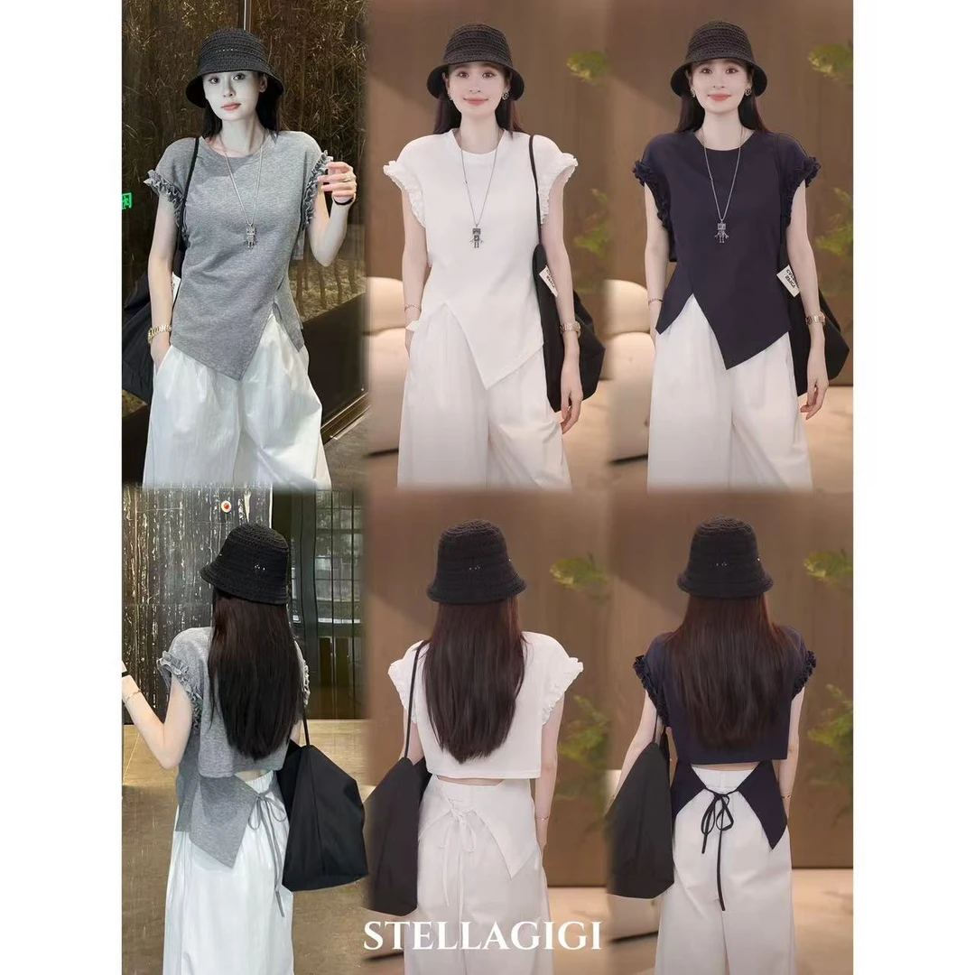 SG / 郭幂幂 SS 韩系设计感 不规则绑带木耳边花瓣袖T-20250466