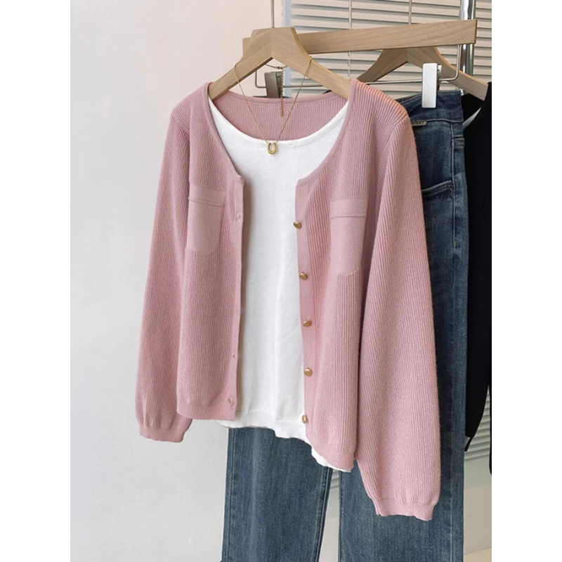 大码女2025春秋新款胖mm洋气减龄粉色假两件针织开衫外搭毛衣上衣