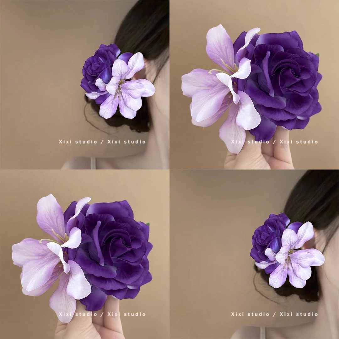 紫霞仙子 韵味紫色玫瑰花发夹女氛围感仿真花侧边夹头花发卡发饰