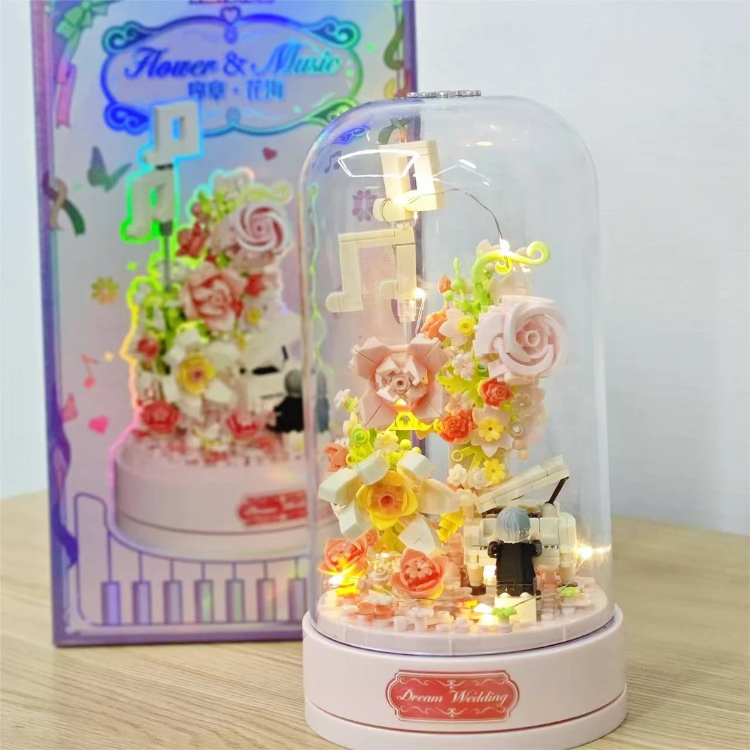 音乐盒玫瑰花永生花束积木高颜值小颗粒拼装益智玩具女生摆件礼物