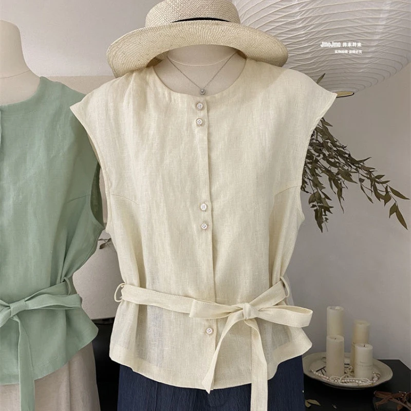 韩系设计感无袖衬衫背心2024夏季新款收腰显瘦下摆系带马甲上衣女