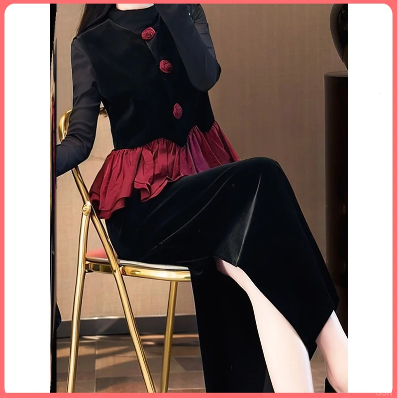 秋季减龄超好看荷叶边马夹直筒半裙内搭T恤法式浪漫三件套连衣裙