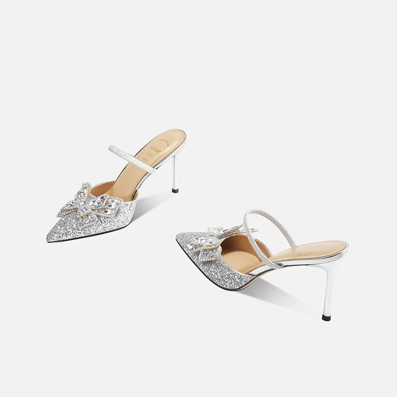 法式尖头一字带防滑仙女风半拖外穿包头凉鞋女夏季细跟银色高跟鞋