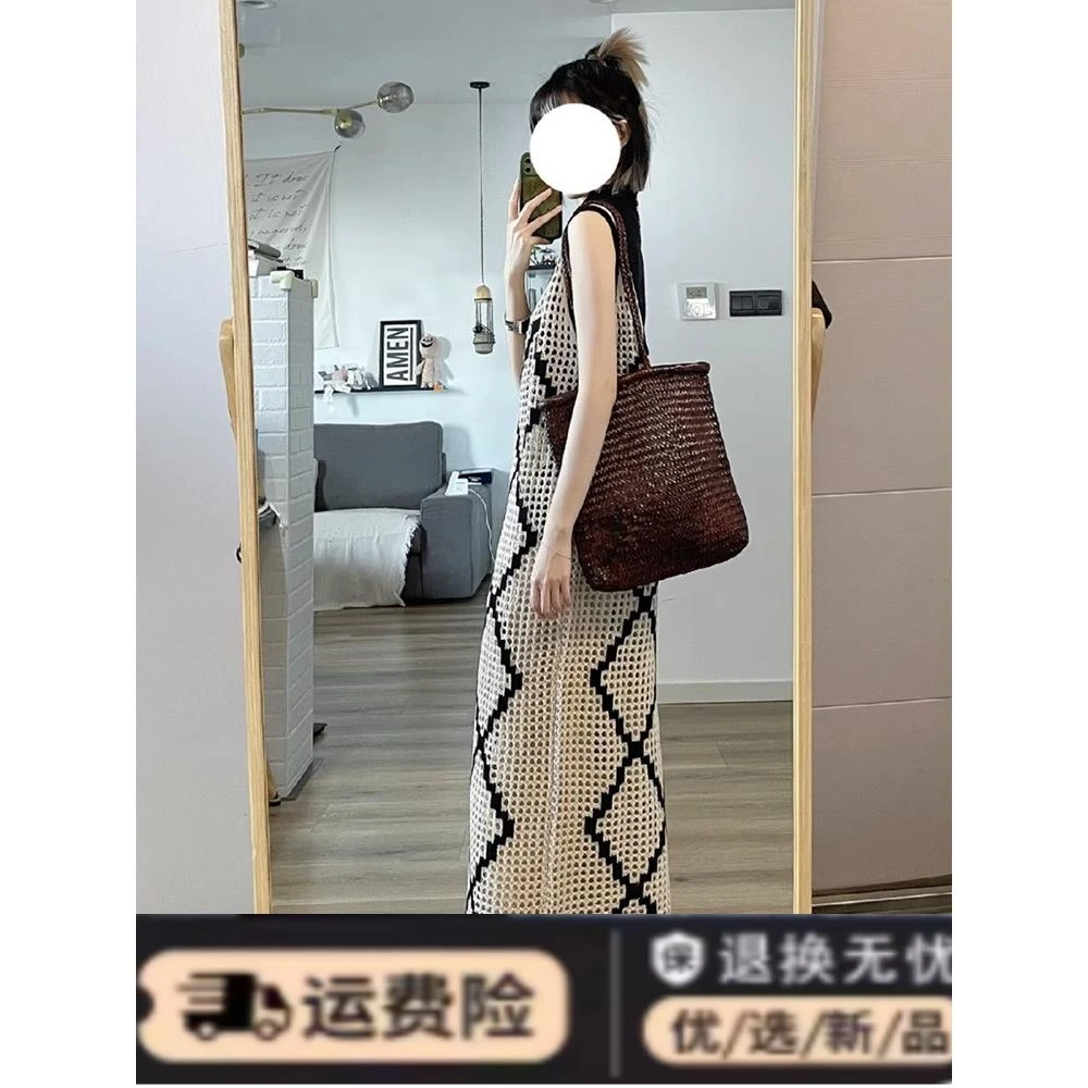 叠穿编织镂空V领无袖连衣裙女法式夏季吊带宽松茶歇长裙显瘦百搭