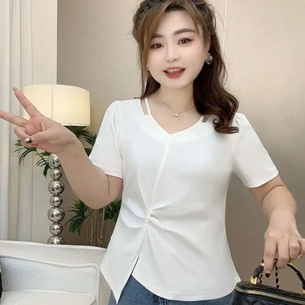 2025新款夏季V领通勤短袖T恤v领不规则短袖t恤气质收腰夏装性感风