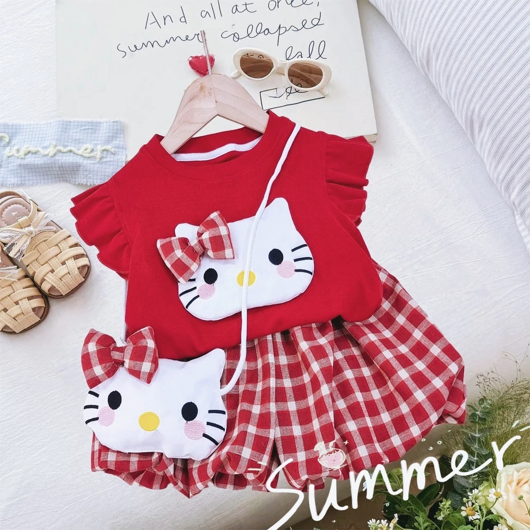 J 夏季上新女童时尚卡通KT猫套装韩版甜美洋气休闲半袖套装X177