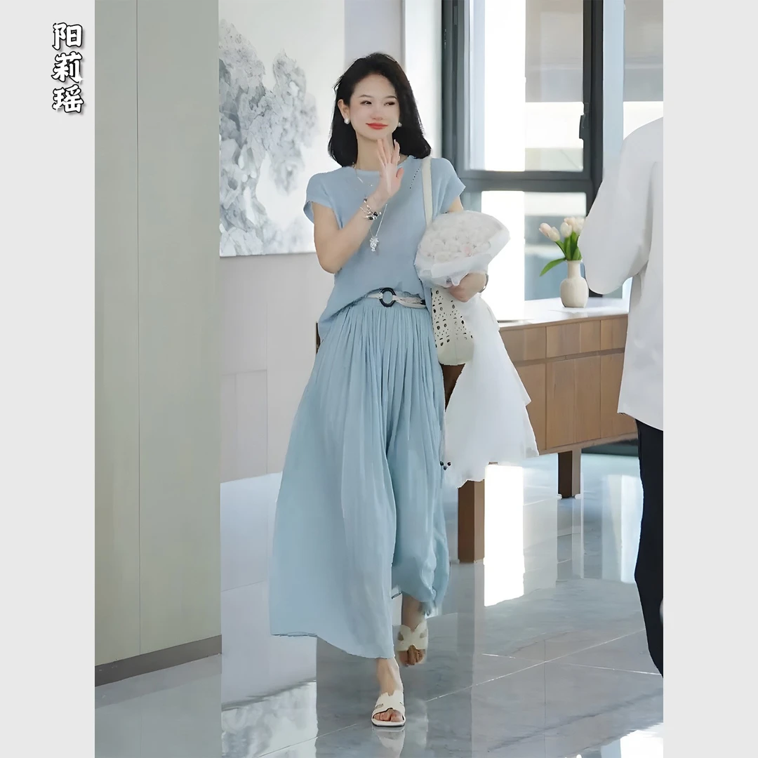 洋气减龄小香风蓝色上衣半身裙套装女夏季新款大方得体绝美两件套