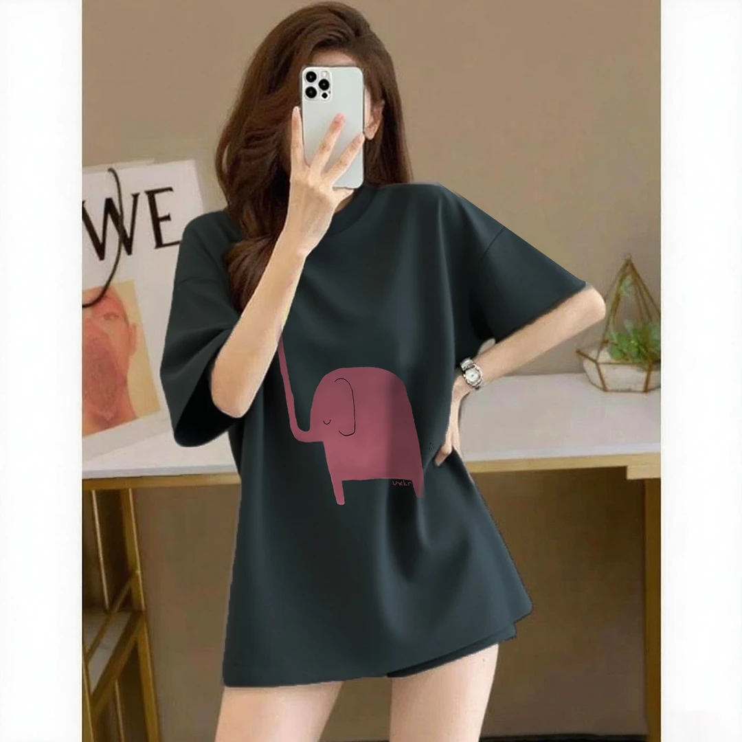 纯棉减龄大码灰色女士t恤短袖夏季韩版宽松小象印花上衣服女装ins