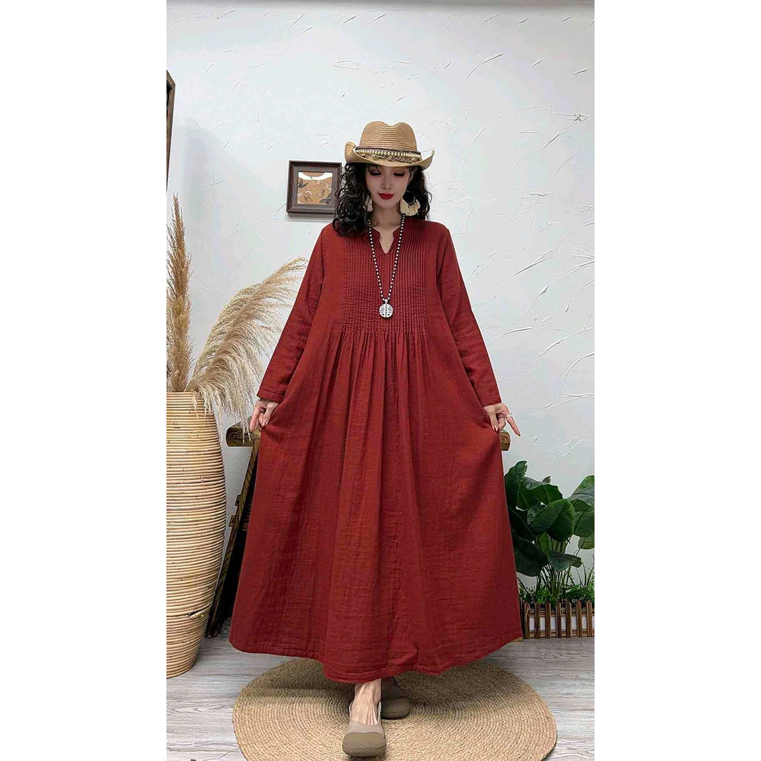 复古双层婴儿棉纱V领风琴褶皱长袖连衣裙女文艺显瘦气质长裙