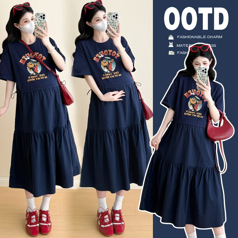 时尚孕妇2025夏季新款孕妇宽松遮肚T恤短袖孕妇连衣裙休闲长裙