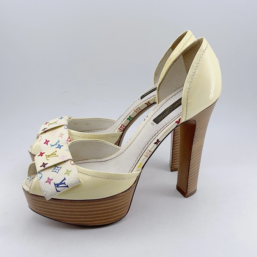 95新 LouisVuitton/路易威登 36.5码/蝴蝶结满印鱼嘴高跟鞋