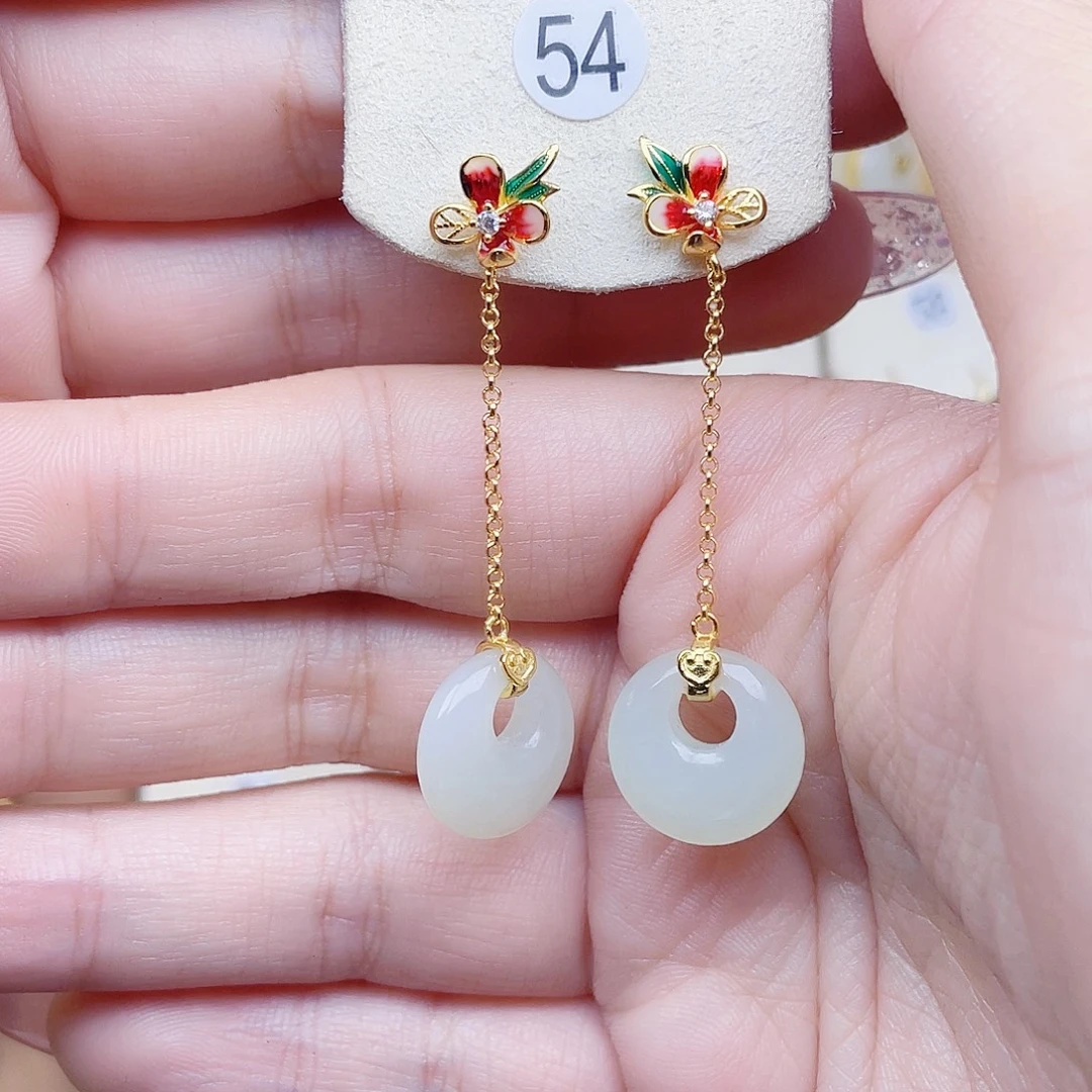 和田玉银S925镀金镶嵌耳饰