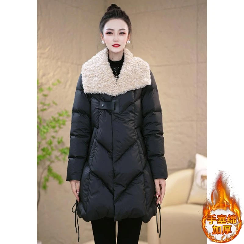 设计感百搭宽松减龄棉服潮2025年冬季新款拼接翻领加厚中长款外套