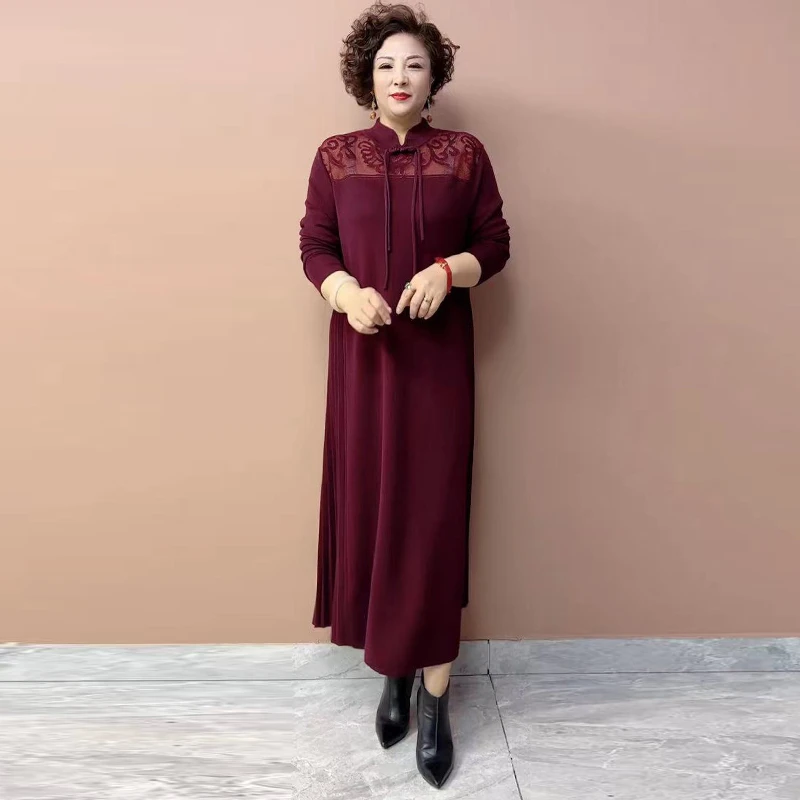 春秋立领改良旗袍妈妈秋冬连衣裙长袖针织复古提花打底女款洋气裙
