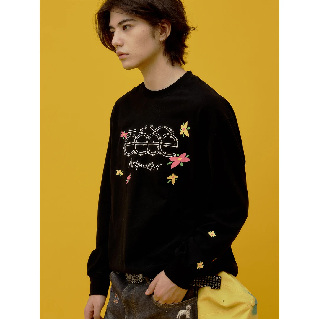 “凋零”| eeee凋零花朵印花长袖T恤珠点字母刺绣圆领打底衫卫衣