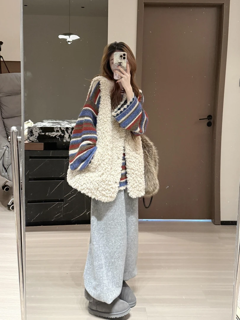 2026秋冬新款韩系慵懒高级感撞色条纹针织衫毛毛马甲外套休闲裤