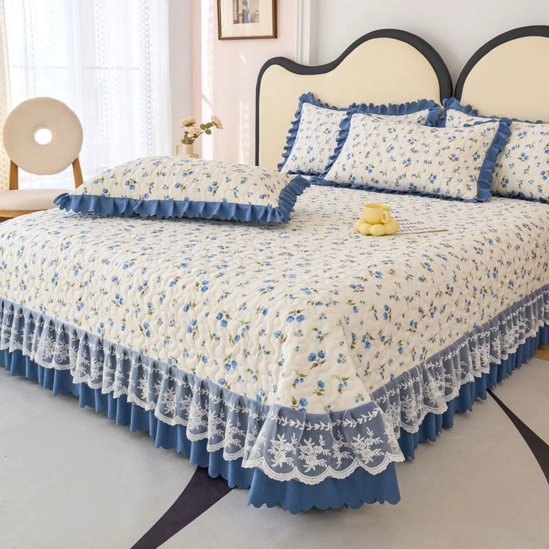 韩式夹棉床盖三件套榻榻米防滑公主风水洗棉床单蕾丝单件炕单床罩