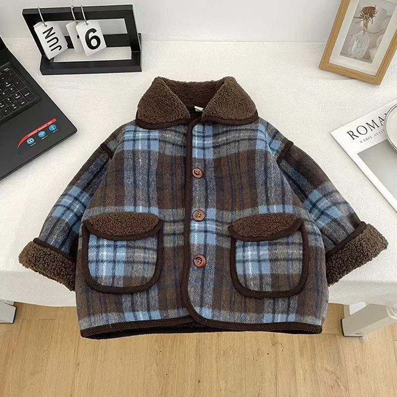 男童秋冬外套2025新款儿童格子一体绒上衣男孩宝宝加绒F20