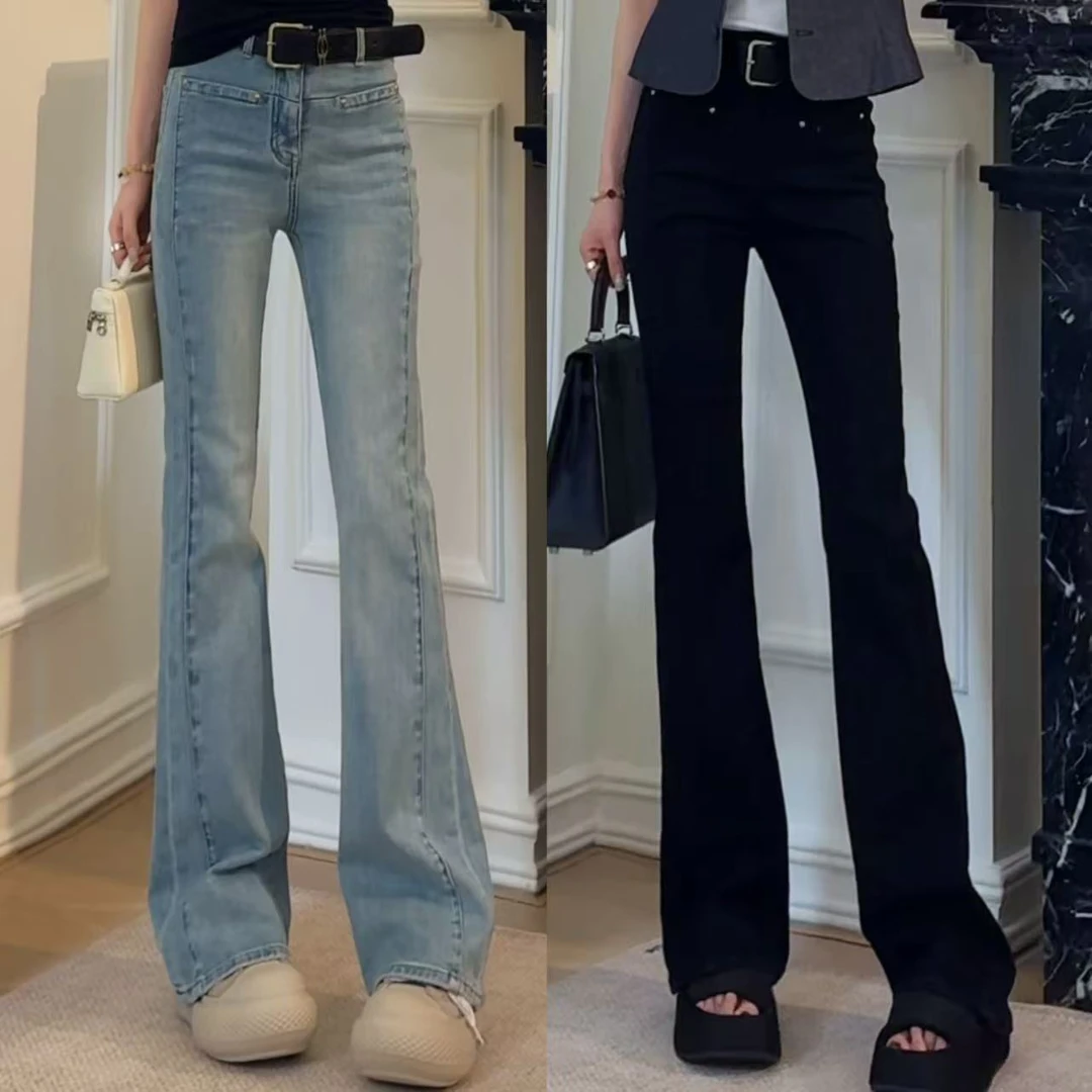 HNIH石艺2025春季新款高腰弹力气质修身HS8058牛仔微喇裤