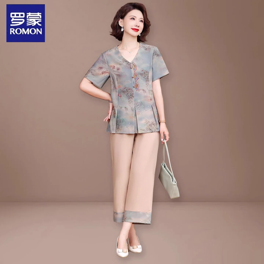 罗蒙妈妈端庄大气套装夏季新中式印花上衣中老年女夏装T恤两件套