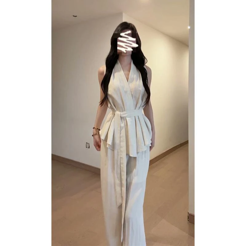 2025新款法式不规则系带领无袖上衣气质高腰宽松显瘦阔腿裤套装