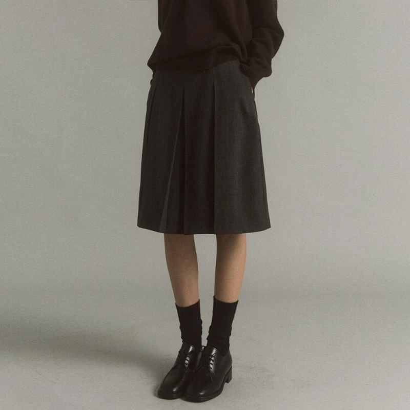 灰色百褶裙女2025新款秋冬半身短裙毛呢A字学院风高腰五分中裙子