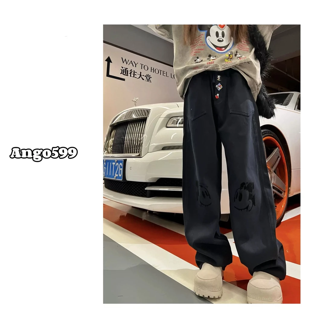 小众设计师款可爱卡通图案加绒加厚丝绒印花休闲牛仔裤