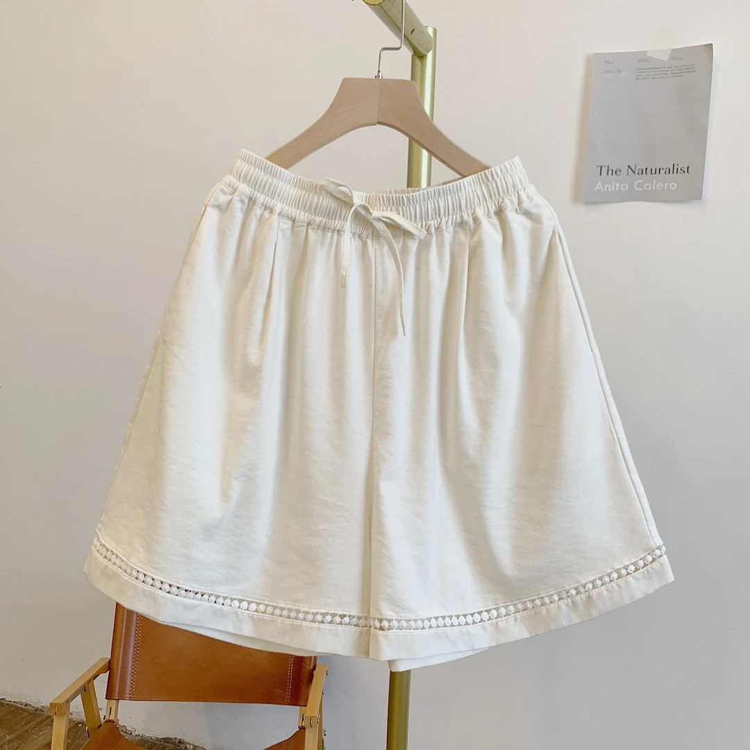 Y2870蕾丝拼接松紧腰系带宽松短裤