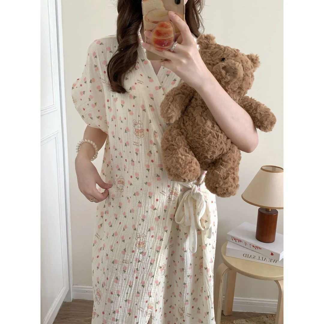 浴巾浴袍女纱布夏季长袖纱布浴袍女家用可穿式棉裹巾吸水透气qy