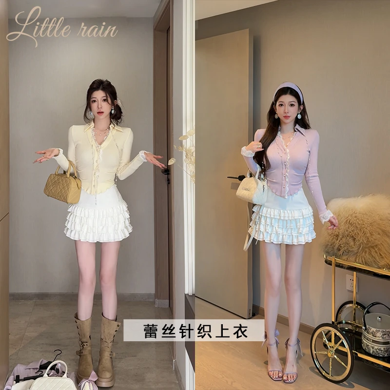 小雨姐姐新款【紫昔针织】设计感蕾丝拼接V领修身显瘦针织上衣