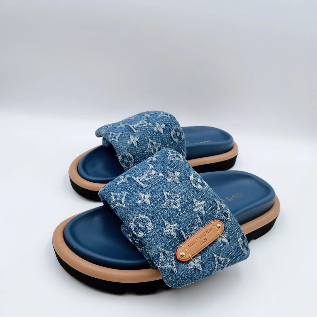 95新 LouisVuitton/路易威登 37码牛仔蓝魔术贴拖鞋my606