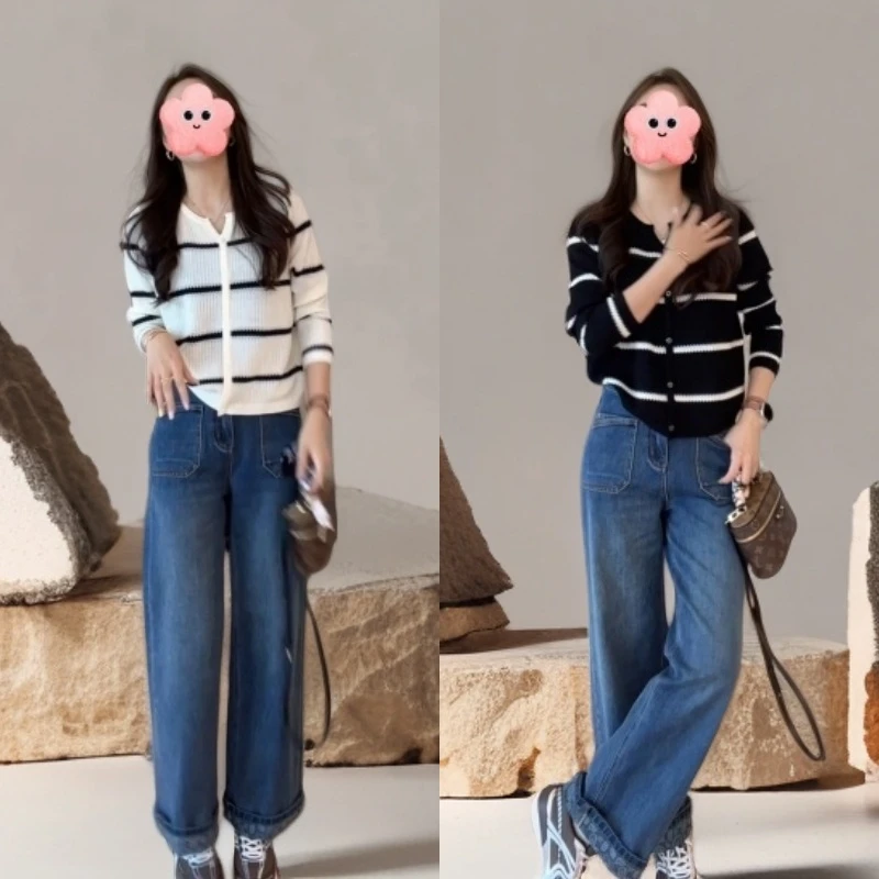 2025早秋百搭小V领条纹针织套头衫+百搭前口袋牛仔长裤LK2505690